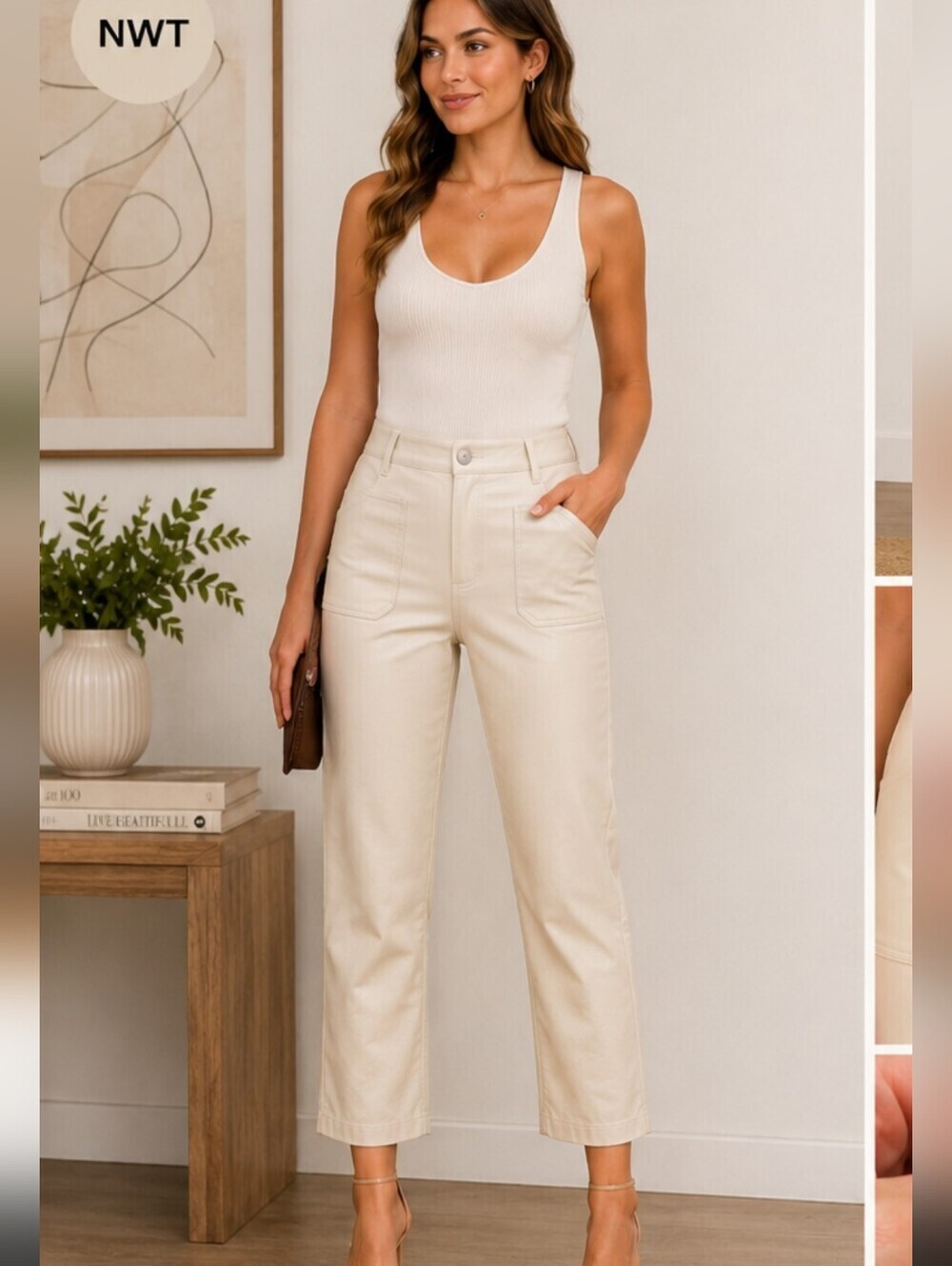 Fourteen & 9th Cream Faux Leather Wide Leg Cropped Pants NWT Size Medium